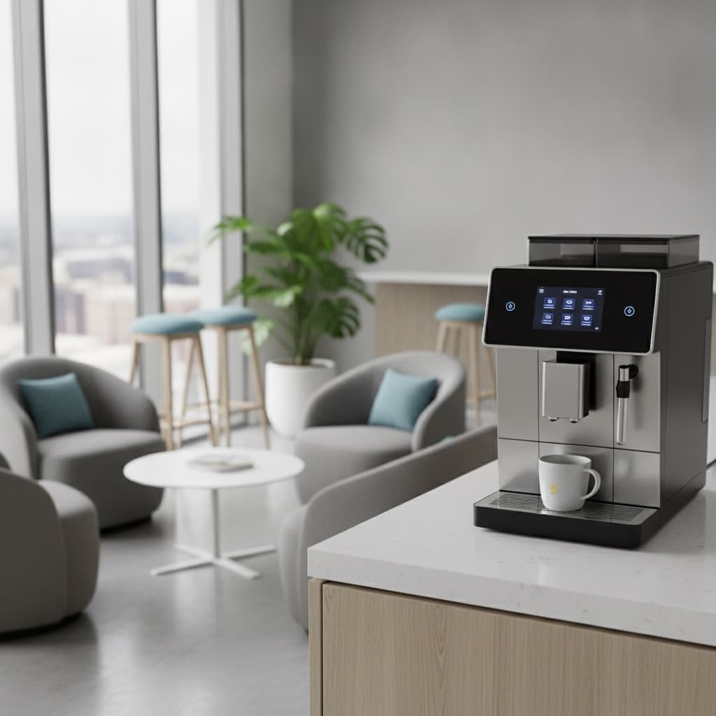 Sleek modern office coffee machine in a bright workplace break room