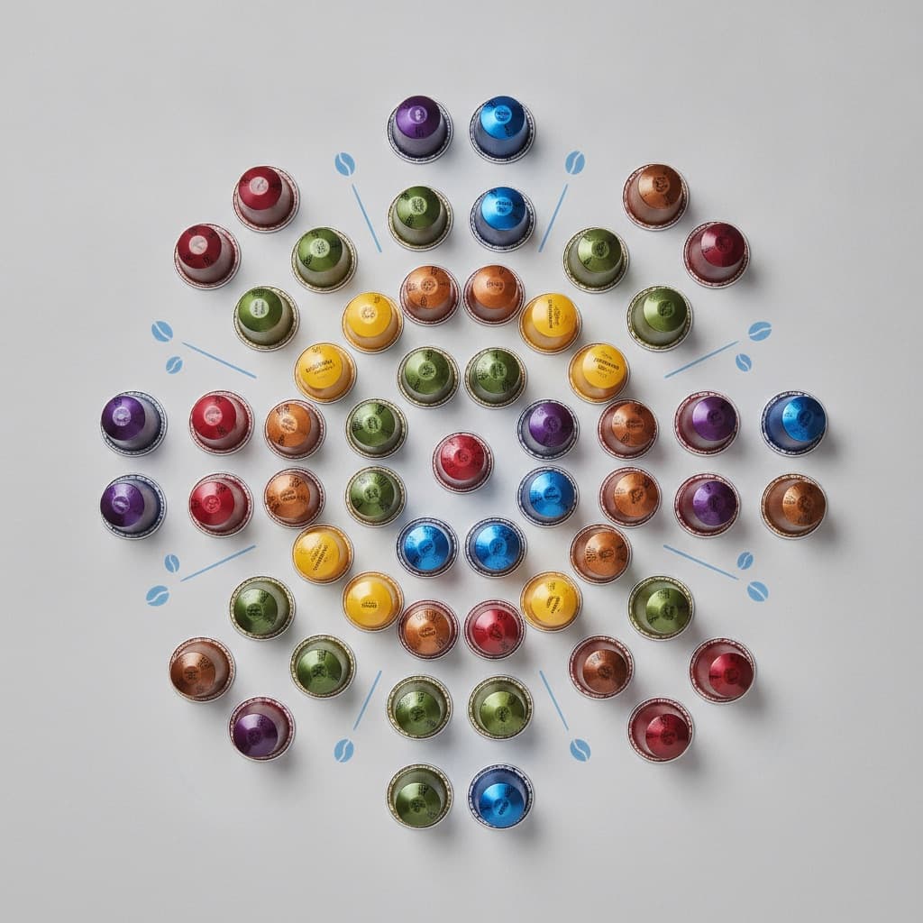 A wide variety of colorful coffee pods arranged neatly