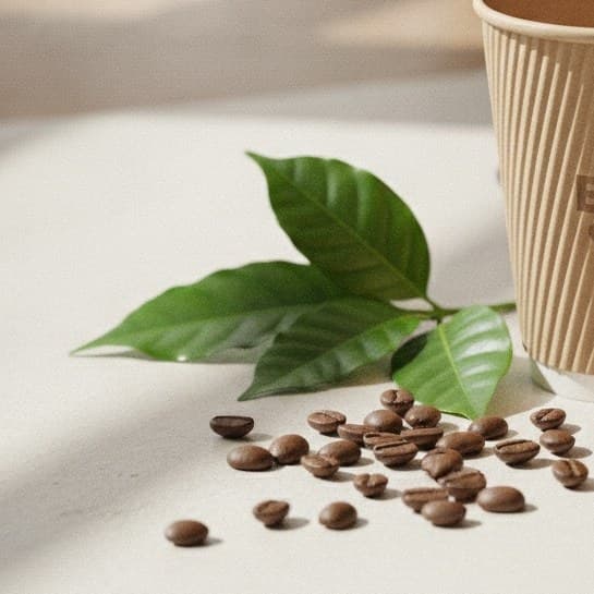 Coffee plant leaves and fresh beans beside a compostable paper cup
