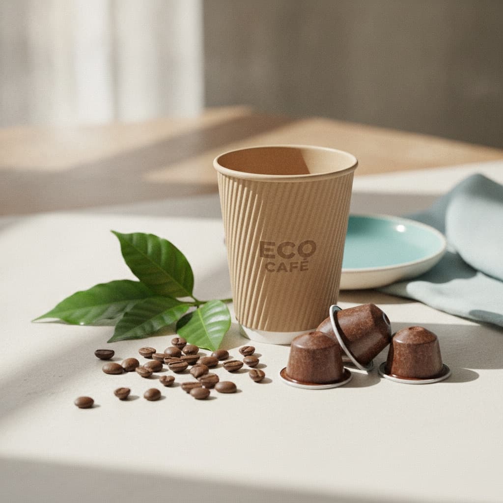 Compostable coffee cup and biodegradable pods with fresh greenery