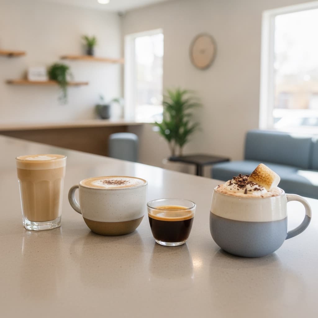 A lineup of customized coffee drinks including a latte, cappuccino, and espresso