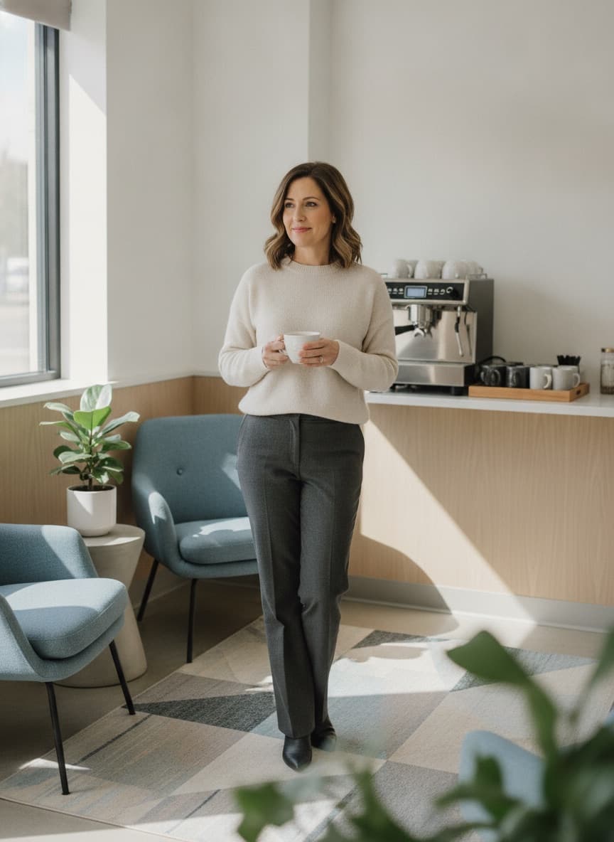 Professional enjoying a fresh cup of coffee in a small business lobby
