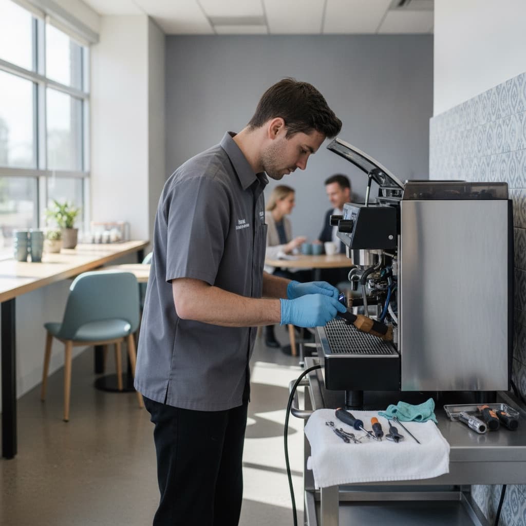 Technician performing scheduled maintenance on an office coffee machine