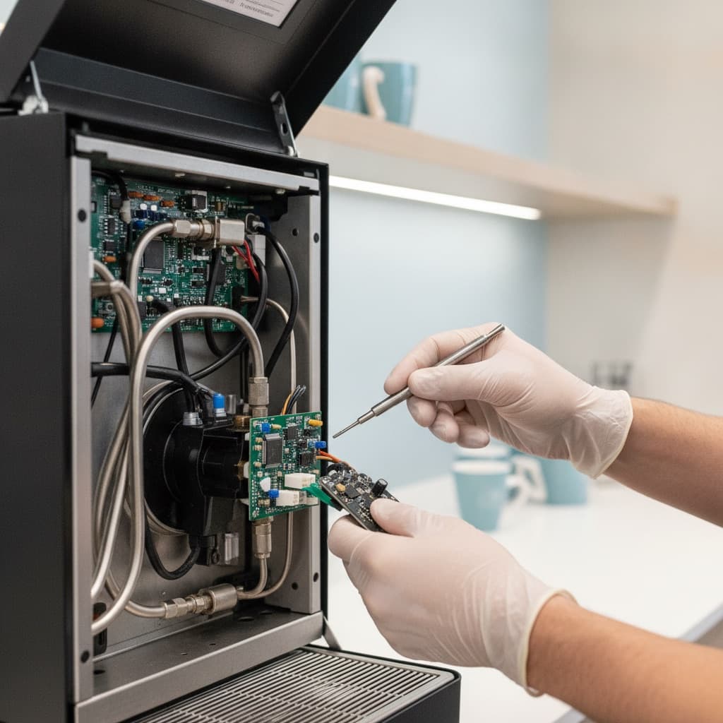 Close-up of a technician repairing the internal components of a coffee machine