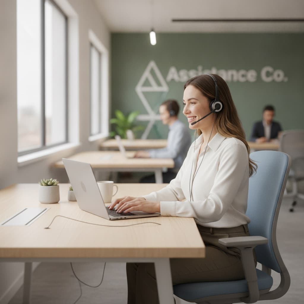 Friendly customer support representative wearing a headset, ready to help